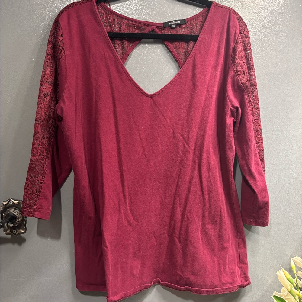 Ambiance Red Lace-Sleeve V-Back Mid Sleeve Top Summer Lightweight Casual Formal